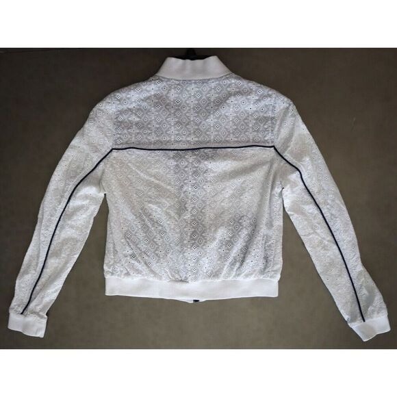 Free People Women Sz S White/Navy Trim Embroidered Eyelet Full Zip Track Jacket - Picture 2 of 9